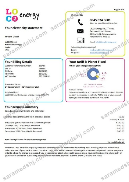 United Kingdom LoCO2 Energy utility bill template in Word and PDF format